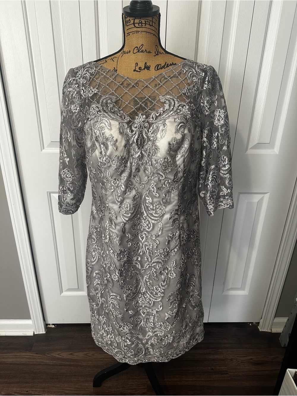 BNWT Gray & Silver Sheath Embroidered Dress